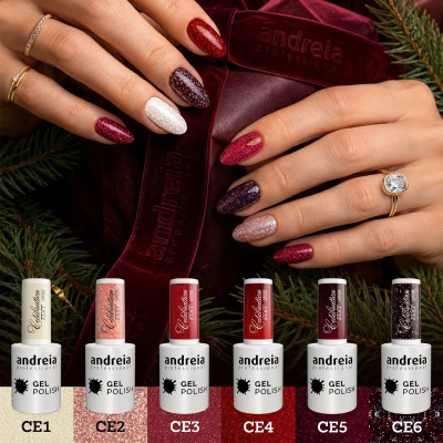 Vernizes em gel Andreia Professional com unhas pintadas em cores brilhantes e glitter