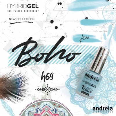 Verniz de unhas Hybrid Gel da andreia professional, coleção Boho, número 469, em embalagem azul claro com tampa prateada