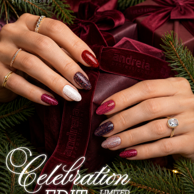 Unhas decoradas com gel polish em várias cores, caixas e laços de veludo bordô com o texto andreia professional.