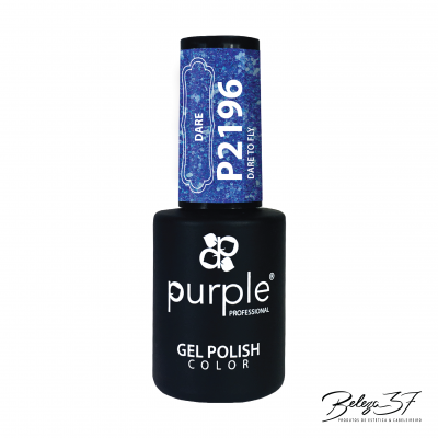 Frasco de verniz gel preto Purple Professional com tampa azul e texto branco