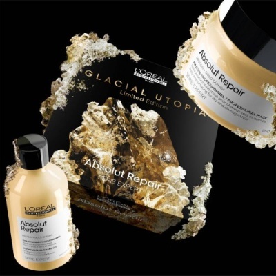 Produtos L'Oréal Absolut Repair com design glacial e detalhes dourados
