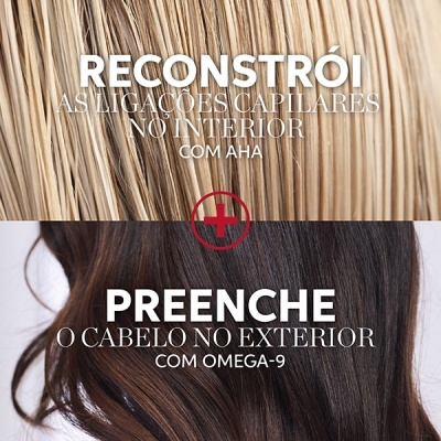 Cabelos loiros e castanhos com texto explicativo em português sobre reconstrução e preenchimento capilar