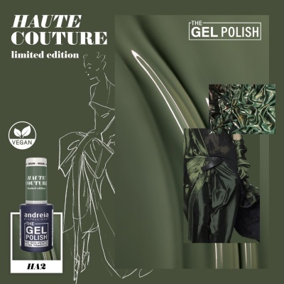 Verniz gel azul HAUTE COUTURE edição limitada com selo vegan e imagens de tecidos verdes