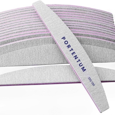 Conjunto de limas de unhas cinza claro com bordas roxas e texto PORTENTUM 100/180