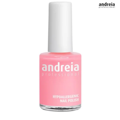 Frasco de verniz de unhas rosa com tampa branca e texto branco