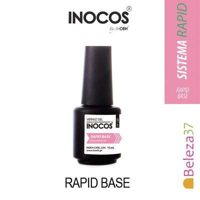 Frasco de verniz gel INOCOS Rapid Base, preto e branco
