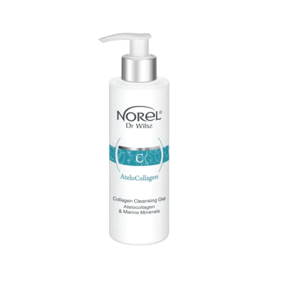 Frasco branco com doseador de gel de limpeza Norel Dr Wilsz AteloCollagen