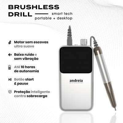 Imagem de ferramenta Brushless Drill prateada com cabo, sobre fundo branco com texto explicativo em português.
