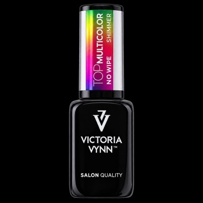 Frasco de verniz de unhas preto com texto branco e tampa prateada com faixa arco-íris