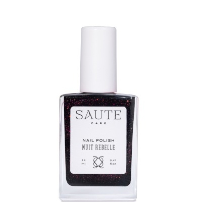 Frasco de esmalte de unhas preto com glitter cor-de-rosa