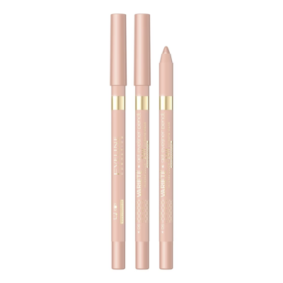 Três lápis de olhos rosa claro para maquilhagem, dois fechados e um aberto, com texto dourado EVELINE COSMETICS, VARIETTE + CREATIVE COLOR, SOFT ROSE
