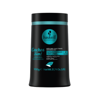 Máscara umectante Haskell Cachos Sin! para cabelos cacheados em embalagem preta e azul