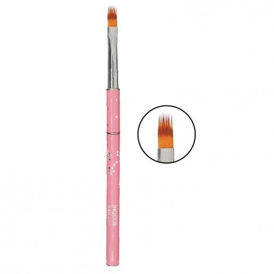 Pincel de unhas rosa com cerdas castanhas e ponta dentada em fundo branco