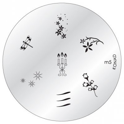 Placa metálica circular para carimbos de unhas com desenhos de flores, libélula e castiçal