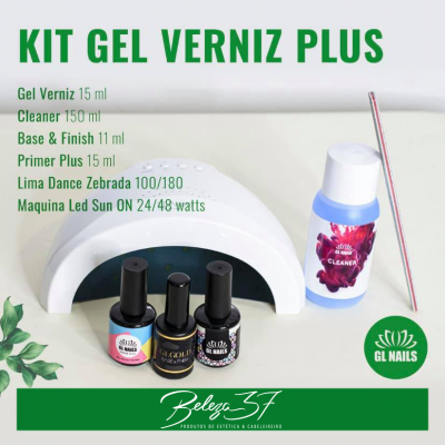 Kit gel verniz plus GL Nails com máquina LED, esmaltes e acessórios em fundo branco