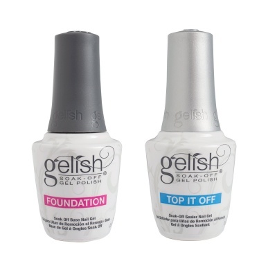 Dois frascos de verniz gel Gelish com tampas cinza, um rotulado FOUNDATION e outro TOP IT OFF