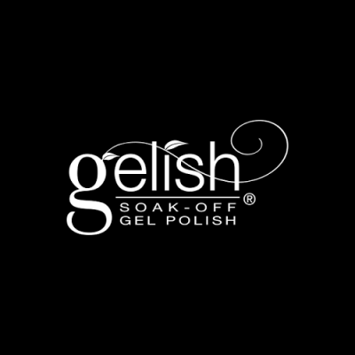 Logótipo branco 'gelish SOAK-OFF GEL POLISH' em fundo preto
