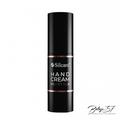 Frasco preto de creme de mãos Silcare com texto HAND CREAM VELVET SILK