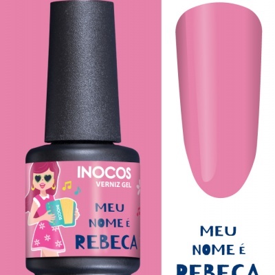 Verniz gel rosa INOCOS, nome Rebeca, com amostra da cor nas unhas