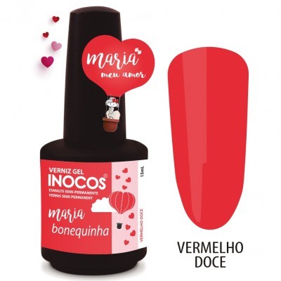 Frasco de verniz gel vermelho doce INOCOS com balões e corações no rótulo