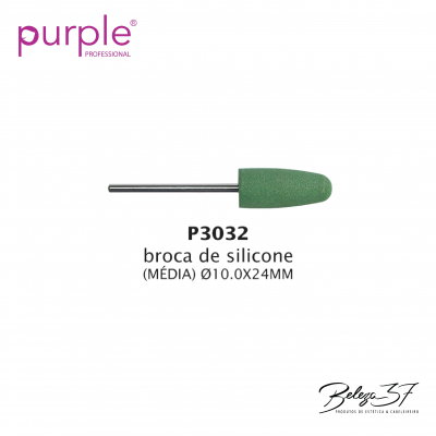 Broca de silicone verde com haste metálica e texto descritivo