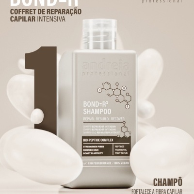 Champô Andreia Professional BOND=R³ embalagem bege com texto castanho