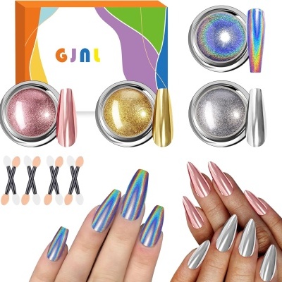 Conjunto de verniz gel holográfico para unhas com cores rosa, dourado e prata.