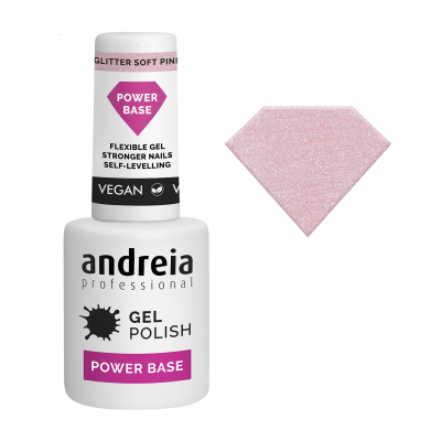 Verniz gel rosa glitter Power Base da Andreia Professional com amostra de cor