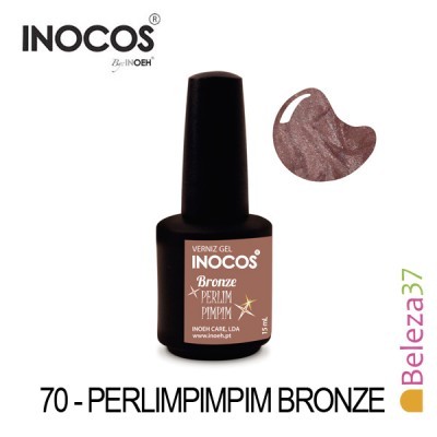 Verniz gel INOCOS Bronze perolado em frasco preto com rótulo marrom e amostra da cor em gota brilhante