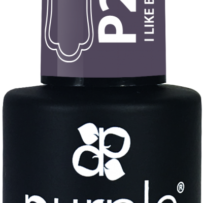 Frasco de verniz gel Preto da Purple Professional com tampa roxa e texto em branco