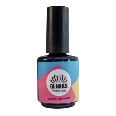 Frasco de primer para unhas GL NAILS PRIMER PLUS com rótulo colorido e tampa preta