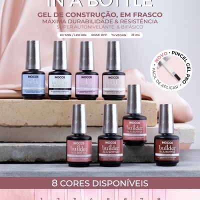 Frascos de gel para unhas INOCOS Builder In A Bottle em oito cores distintas com descrição das cores e características do produto.