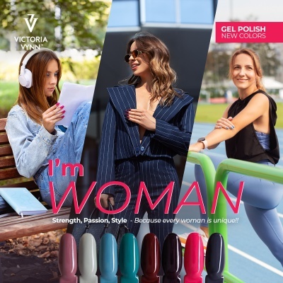 Frascos de verniz gel colorido Victoria Vynn e modelos femininas em ambientes exteriores em publicidade.