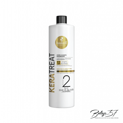 Frasco branco de creme alisante progressivo Haskell KERATREAT com tampa preta