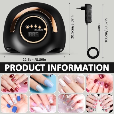 Máquina de unhas preta com visor digital e imagens de unhas decoradas coloridas