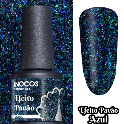 Verniz gel INOCOS Efeito Pavão Azul com padrão brilhante e glitter azul e verde.
