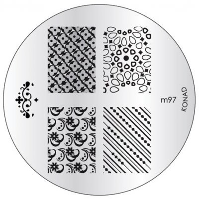 Placa metálica redonda com quatro padrões distintos para carimbos de unhas e inscrições m97 KONAD.
