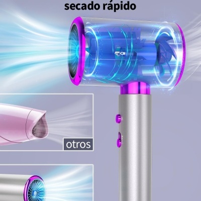 Secador de cabelo prata e roxo com motor de 2400 W e texto em espanhol