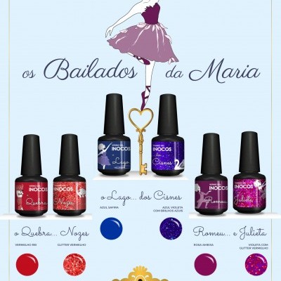 Verniz gel Inocos com seis cores de frascos e ilustração de bailarina