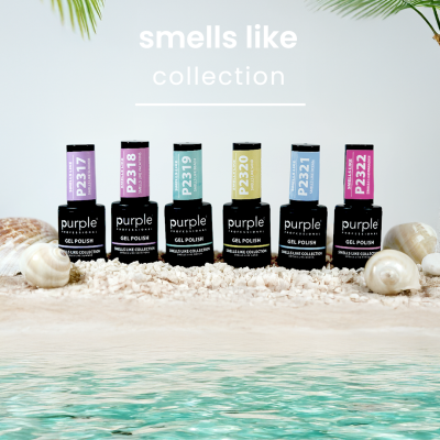 Frascos de verniz gel Purple Professional, coleção smells like, sobre areia com conchas e plantas tropicais