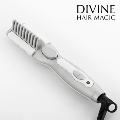 Aparelho elétrico para cabelo cinza com branco e texto 