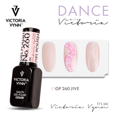 Frasco de verniz gel preto Victoria Vynn No. 260 Jive com amostras de unhas rosa claro