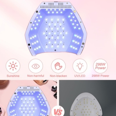 Dispositivo hexagonal de luz LED azul para unhas com texto e ícones informativos