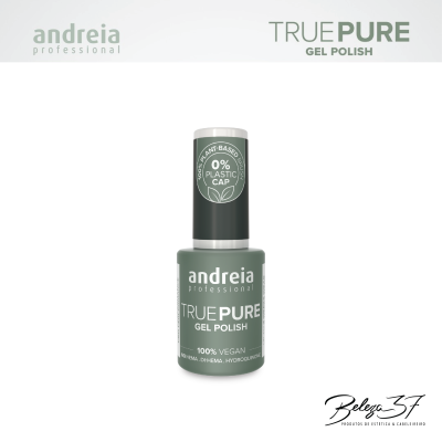 Frasco de verniz gel verde escuro Andreia True Pure com tampa preta e fundo branco