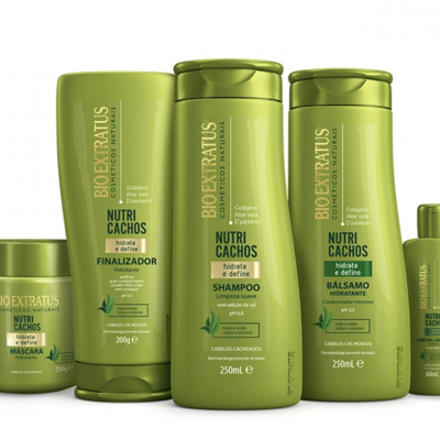 Produtos capilares BIO EXTRATUS Nutri Cachos em embalagens verdes