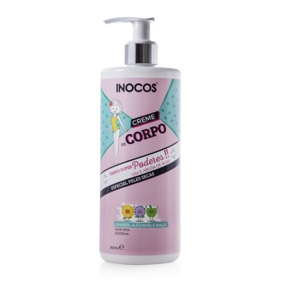 Frasco rosa e azul de creme corporal INOCOS com tampa de bomba e textos indicativos do produto