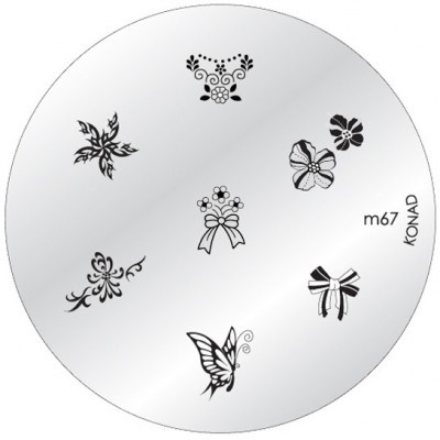 Placa redonda prateada com desenhos pretos variados e texto m67 KONAD