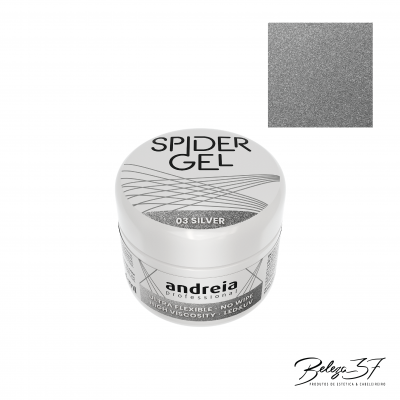 Frasco branco de gel Andreia Spider Gel 03 Silver com rótulos pretos e padrão geométrico