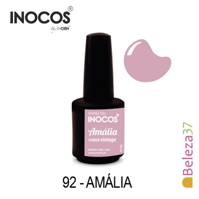 Frasco de verniz gel rosa vintage da marca INOCOS Amália com texto e amostra da cor