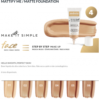 Base matte Andreia Professional Make Up It Simple tom 4 com amostras de 6 tons